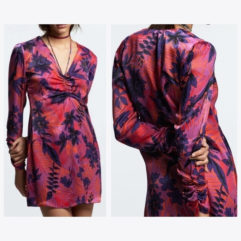 ZARA Vibrant Floral Long Sleeve Mini Dress, Ruched Sleeves, Tie Vneck Front, M - Picture 13 of 15